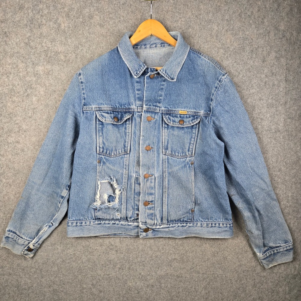 Vtg 80s Rustler Denim Jacket Mens M Blue Distressed Grunge Workwear Trucker